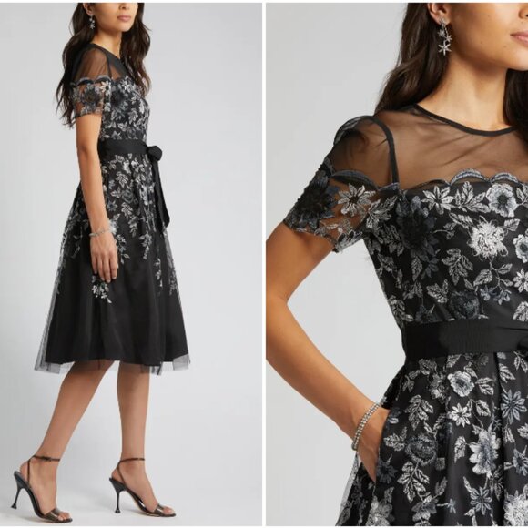 ELIZA J EMBROIDERED ILLUSIONS NECK BLACK DRESS sz 14 - Picture 2 of 5